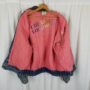 Vintage Urban Outfitters Denim Blue Jean Leather Bomber Jacket Mens size Large Quilted Liner 80s 90s Colorblock Two Tone Brown & Blue image 5
