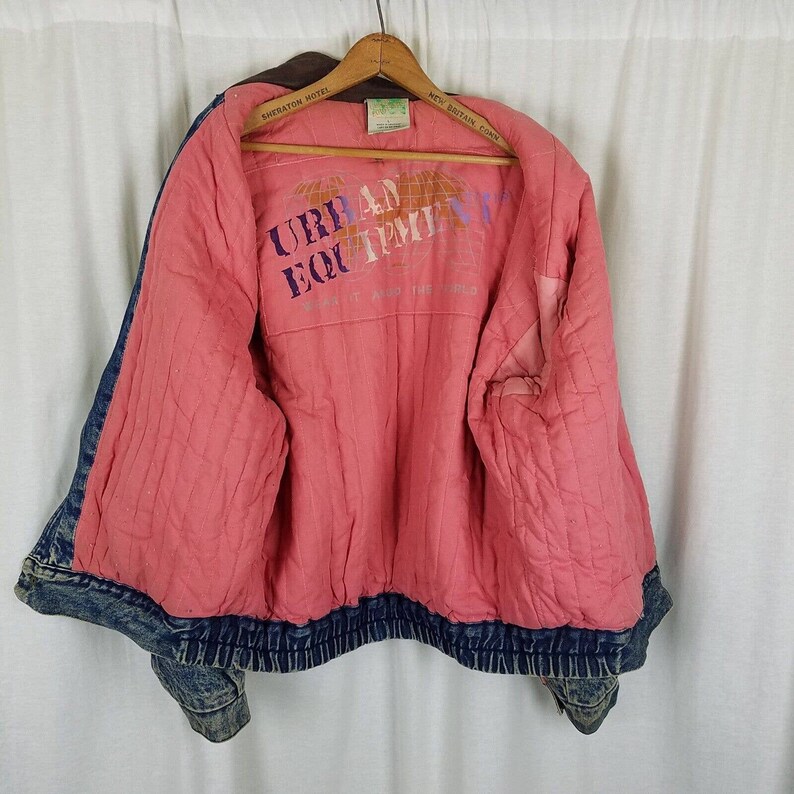 Vintage Urban Outfitters Denim Blue Jean Leather Bomber Jacket Mens size Large Quilted Liner 80s 90s Colorblock Two Tone Brown & Blue image 5