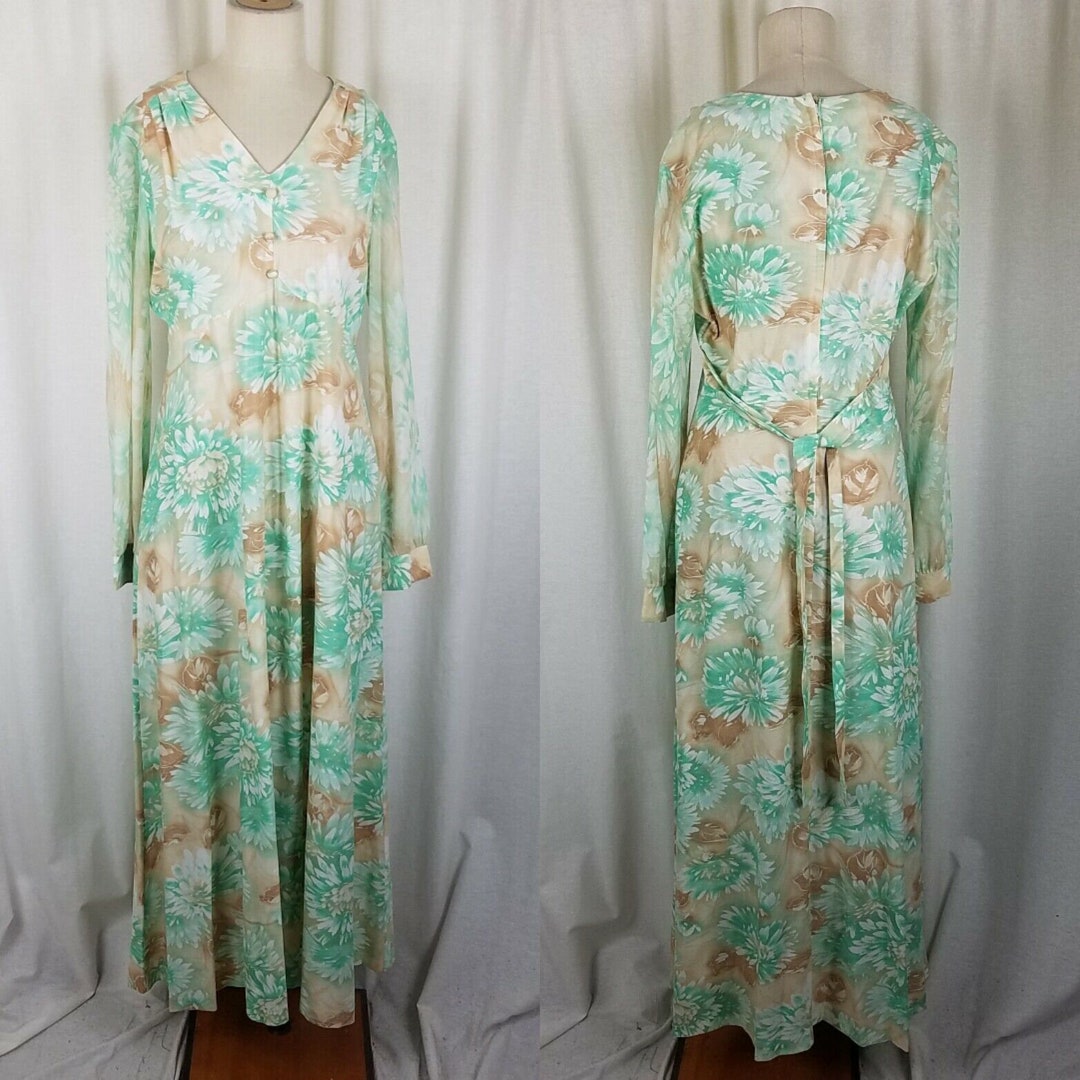 Vintage 1970s Long Maxi Hawaiian Floral House Dress Womens 18 Green Tan ...