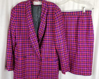 Vintage Evan Picone Hot Pink & Lila Hahnentritt Wolle Karierter Blazer, Jacke, Rock, Anzug-Set Damen Größe 16