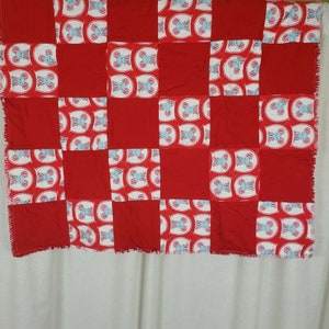 Vintage Handmade Baby Crib Quilt Blanket Play Mat Wall Art Patchwork Red White & Blue Cartoon Mice Mouse
