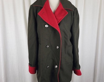 Vintage JG Hook Double Breasted Winter Wool Military Colorblock Peacoat Coat Womens size Medium Contrast Coloring Red Olive Green