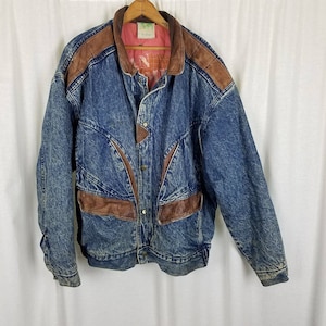 Vintage Urban Outfitters Denim Blue Jean Leather Bomber Jacket Mens size Large Quilted Liner 80s 90s Colorblock Two Tone Brown & Blue