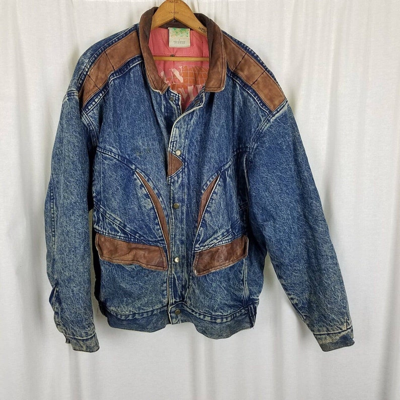 Vintage Urban Outfitters Denim Blue Jean Leather Bomber Jacket Mens size Large Quilted Liner 80s 90s Colorblock Two Tone Brown & Blue image 1