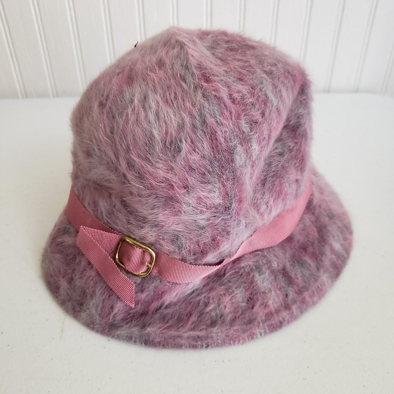 Vintage Kangol Cascade England Pink Angora Fur Bucket Hat Belted Womens England image 1