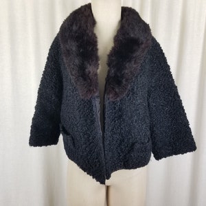 Vintage Winter Persian Nubby Curly Wool Fur Muff Collar MCM Peacoat Swing Jacket Womens size Medium Black & Brown Genuine