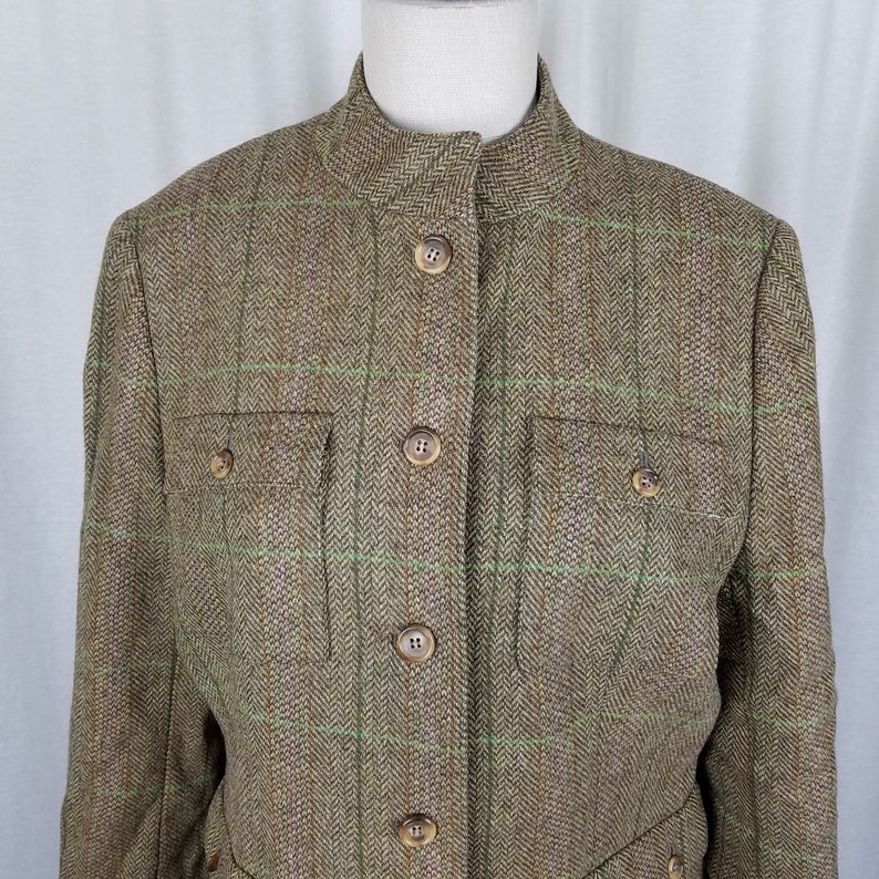 Brooks Brothers 346 Wool Herringbone Plaid Tweed Field Jacket Blazer Womens 12 Tan Multi-colored Stand Up Mandarin Collar