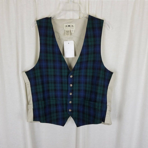 Vintage AKA Eddie Bauer Wool Tartan Plaid Pointed Vest Mens L Waistcoat USA  90s New Old Stock Blue & Green Belted Back Waistcoat