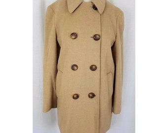 Vintage Double Breasted Wool Camel Peacoat Jacket Short Car Coat Womens size 4 Tan 1990's Contrast Buttons Midi