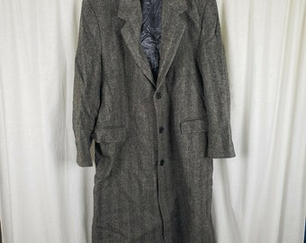 Vintage Black & White Herringbone Tweed Wool Peacoat Mens size L Overcoat Topcoat Dress Coat Business Career Professional