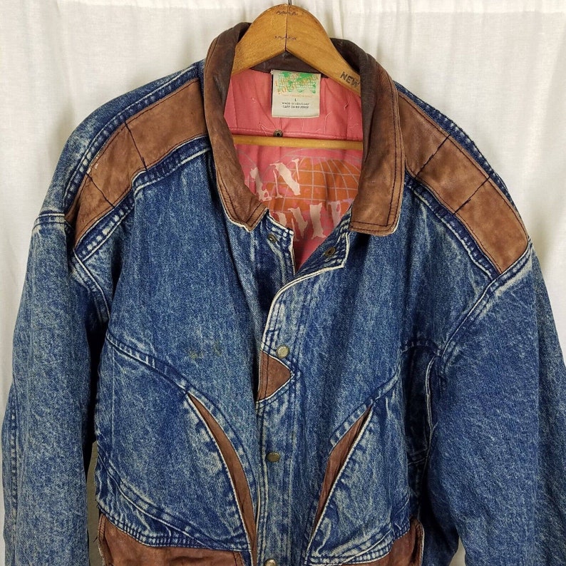 Vintage Urban Outfitters Denim Blue Jean Leather Bomber Jacket Mens size Large Quilted Liner 80s 90s Colorblock Two Tone Brown & Blue image 2