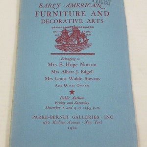 Frühe Amerikanische Möbel und Dekorative Kunst Parke-Bernet Auktionskatalog 1961 Ephemera Vintage Papierpreise Buch