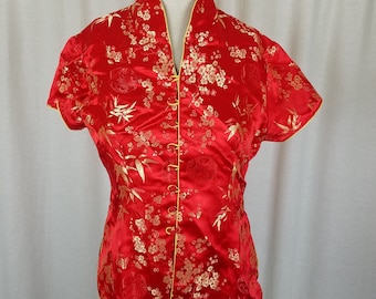 Vintage Traditional Asian Chinese Changshan Silk Top Shirt Blouse Womens L Red Yellow Gold Floral Embroidered Embossed Frog Closures Tang