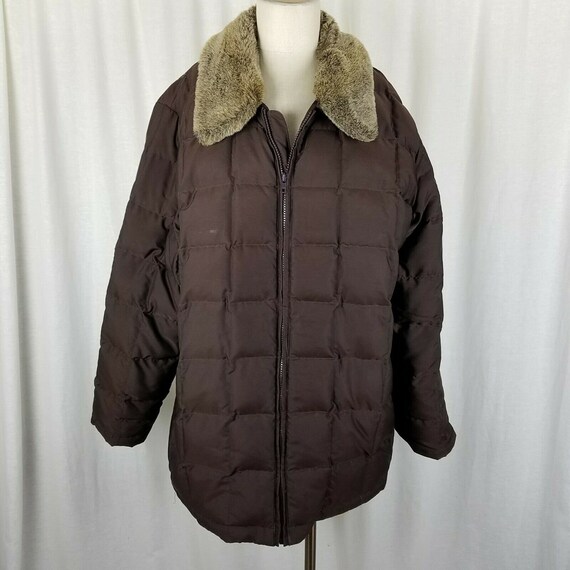 Vintage LL Bean Chocolate Brown Faux Fur Collar Goose Down Quilted 