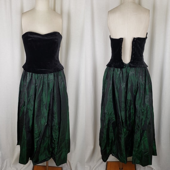 Vintage Laura Ashley Black Velvet Corset Bodice & Emerald Green Floral  Taffeta Swing Skirt Formal Dress Womens 12 Strapless Colorblock - Etsy