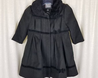 vintage Rothschild col en fausse fourrure bordure en velours laine végétalienne manteau princesse caban filles taille 2T gris anthracite noir