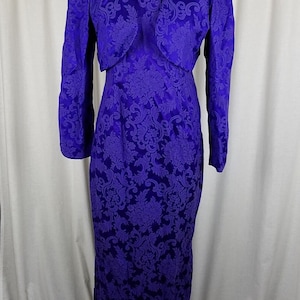 Vintage Bari-Jay Keyhole Bustle Back Maxi Damask Jacquard Dress Crop Tuxedo Jacket with Tails Womens size 13 14 Purple