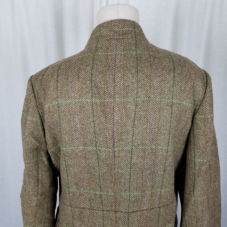 Brooks Brothers 346 Wool Herringbone Plaid Tweed Field Jacket Blazer Womens 12 Tan Multi-colored Stand Up Mandarin Collar