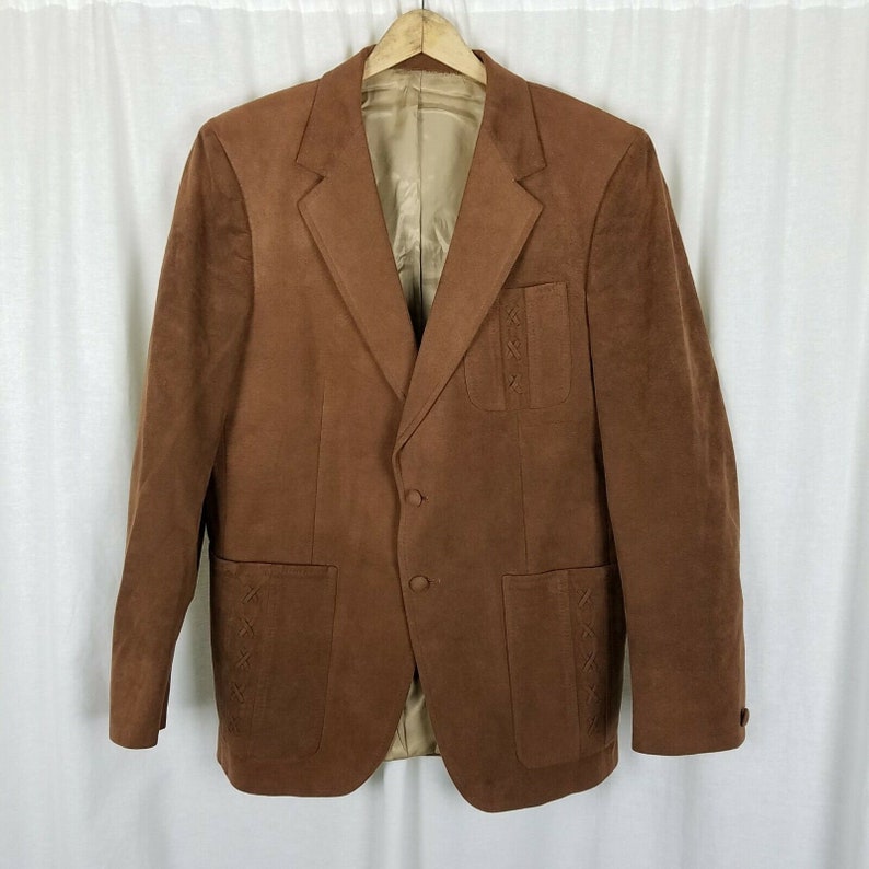 Vintage LeBaron California Clothes Blazer Sport Coat Skinner Ultra Suede Jacket Mens size 42R Brown Braided Accents