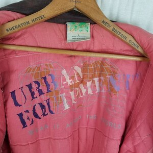 Vintage Urban Outfitters Denim Blue Jean Leather Bomber Jacket Mens size Large Quilted Liner 80s 90s Colorblock Two Tone Brown & Blue image 6