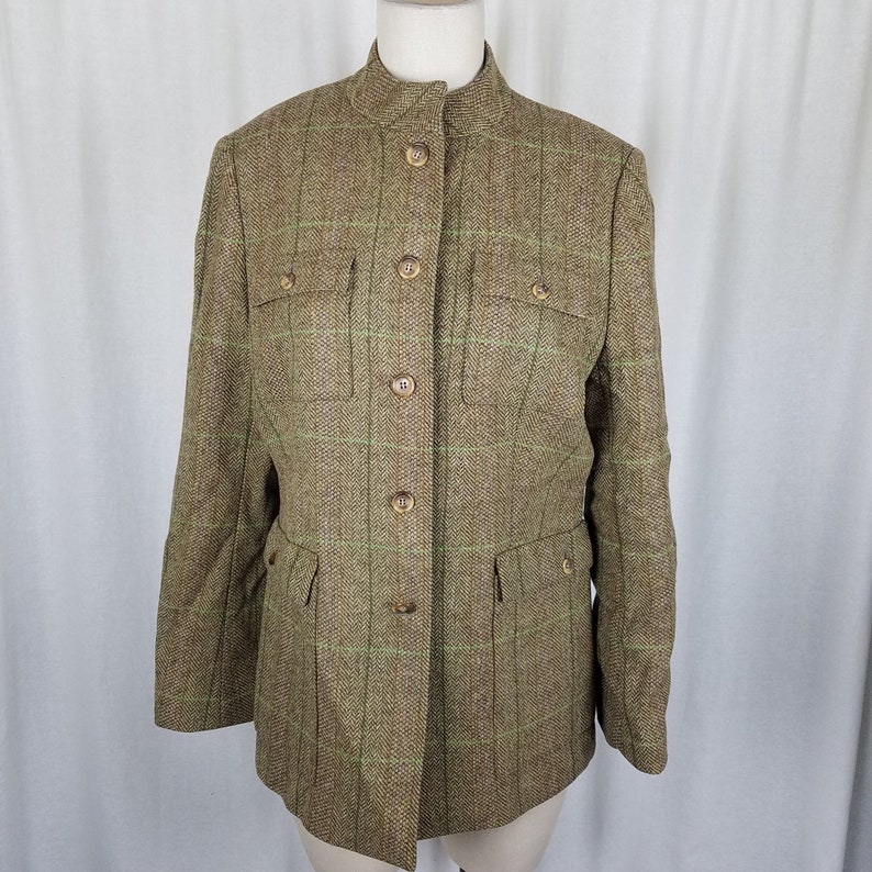 Brooks Brothers 346 Wool Herringbone Plaid Tweed Field Jacket Blazer Womens 12 Tan Multi-colored Stand Up Mandarin Collar
