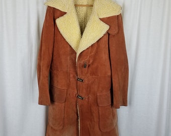 Vintage A Robert Lewis Idea Sherpa Shearling Rancher Brushed Leather Suede Coat Mens size 42 Rust 1970s Orange Wide Lapel Sheepskin