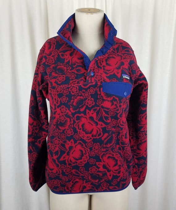 Vintage Patagonia Synchilla Snap t Pullover Fleece Sweater Jacket Lotus Flower Floral Womens Size Small Red Blue Etsy UK