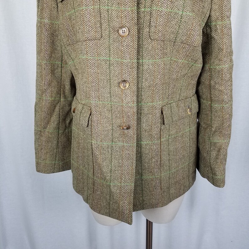 Brooks Brothers 346 Wool Herringbone Plaid Tweed Field Jacket Blazer Womens 12 Tan Multi-colored Stand Up Mandarin Collar