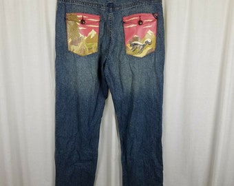 Calça jeans vintage LRG com apliques gráficos, estilo hip hop, azul, masculina, tamanho 38 (40x32), modelo Mountains Urban Streetwear.