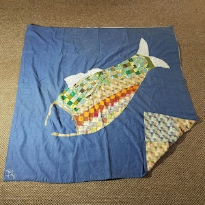 Vintage Handmade Large Mouth Bass Fish Patchwork Quilt 5&#39;x5&#39; Lap Blanket Bird Quilted Fishing Blue Denim Jean Look