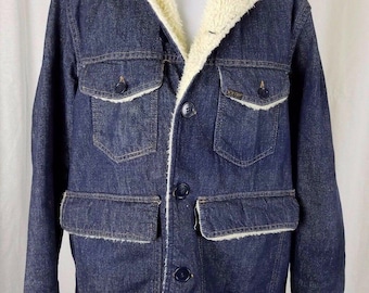 Vintage Sears Roebucks Sherpa Shearling Fleece Fur Lined Trucker Jacket Denim Blue Jean Mens 42 Barn Field Work Chore Coat Peacoat
