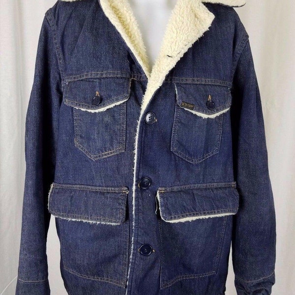 Vintage Sears Roebucks Sherpa Shearling Fleece Fur Lined Trucker Jacket Denim Blue Jean Mens 42 Barn Field Work Chore Coat Peacoat