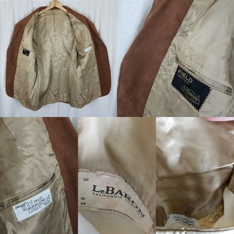 Vintage LeBaron California Clothes Blazer Sport Coat Skinner Ultra Suede Jacket Mens size 42R Brown Braided Accents