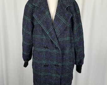Spencer Douglas Wool 1980s Double Breasted Tartan Windowpane Plaid Peacoat Coat Womens 12 Vintage Knit Cuffs Made in the USA