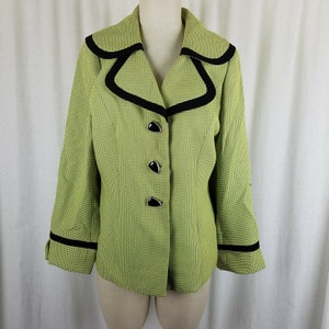 Vintage Moshita Couture Green & Black Checked Black Piping Wide Lapel Blazer Jacket Womens size 12