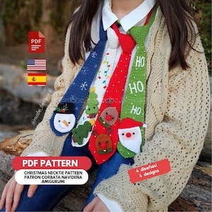 May include: Four crocheted Christmas tie patterns, including a snowman, a Christmas tree, a reindeer, and Santa Claus. The ties are green, red, blue, and white. The text "HO HO HO" is on the green tie. The text "4 diseños! 4 designs" is on a white tag.