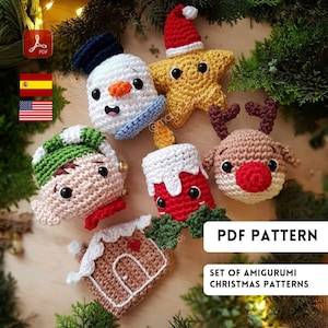 May include: A set of six crochet amigurumi Christmas ornaments. The ornaments include a snowman, a star, a reindeer, an elf, a gingerbread house, and a candle. The ornaments are all in various shades of red, green, white, brown, and yellow. The ornaments are on a wooden surface with a PDF pattern text overlay.  PDF PATTERN SET OF AMIGURUMI CHRISTMAS PATTERNS.