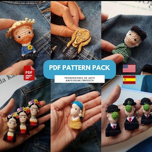 Puede incluir: Un pack de patrones PDF para tejer amigurumis de arte para broches. El pack incluye patrones para pinturas famosas como La Chica con el Pendiente de Perla, La Noche Estrellada y Frida Kahlo. Los patrones están disponibles en inglés y español.