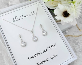 Bridesmaid Teardrop necklace & Earring Set.  Silver Teardrop Necklace ,Earring Set. Teardrop Necklace And Earring Set.