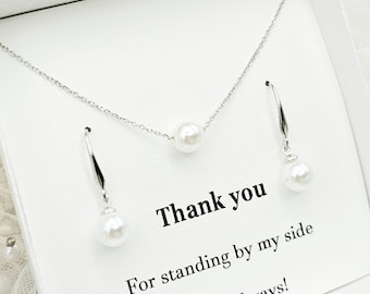 925 Sterling Silver Ear Hook With 10MM ,8MM Round Pearl  Jewelry Set. Simple and Elegant Bridesmaid Jewelry Set. Maid Of Honor Gift Set.