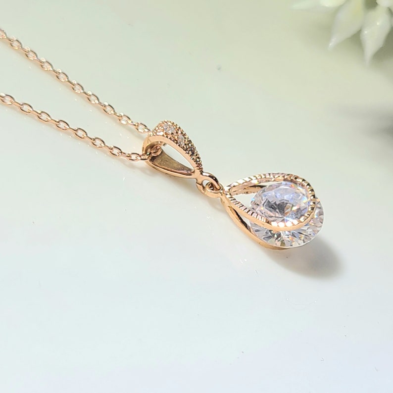 Clear Rose Gold Teardrop Necklace. Bridesmaid Teardrop Etsy