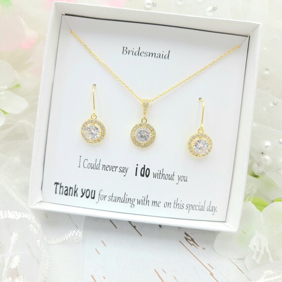 AAA +Cubic Zirconia Round Silver, Gold Necklace & Earring Set. 925 S Ear hook CZ Earring.Bridesmid Jewelry Set.