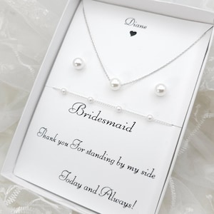 Bridesmaid 8mmPearl Jewelry Set with Message Card. - 925 Silver Ear Post.DAINTY Chain . Bridesmaid Jewelry 3Set-2Style image 1
