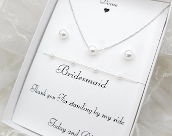 Bridesmaid 8mmPearl Jewelry Set with Message Card.  - 925 Silver Ear Post.DAINTY Chain . Bridesmaid Jewelry 3Set-2Style