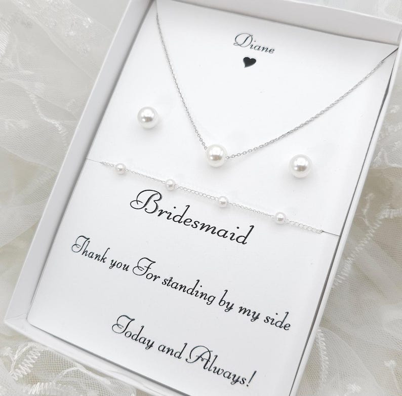 Bridesmaid 8mmPearl Jewelry Set with Message Card. - 925 Silver Ear Post.DAINTY Chain . Bridesmaid Jewelry 3Set-2Style image 1