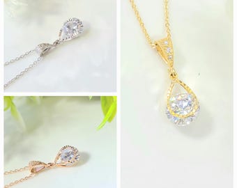 Dainty Chin and Clear Silver,Rose Gold, Gold Teardrop Necklace. Bridesmaid Teardrop Necklace gift. Bridesmaid Jewelry- 3Colors