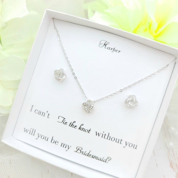 Silver AAA Cubic Zirconia Tie the Knot Bridesmaid Jewelry Set. Tie the Knot Necklace and Earring Set. Maid Of honor Jewelry Set.