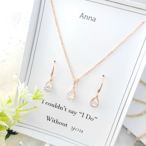 925 シルバーイヤリングフックとローズゴールドクリアティアドロップネックレス＆イヤリングセット。クリアティアドロップネックレスとイヤリングセット。ティアドロップネックレス