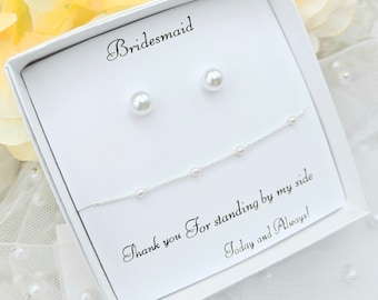 925 Ear post 8MM, 6MM Pearl Stud Earring W 2mm, 3mm Pearl Bracelet Set. Bridesmaid Pearl Earring Bracelet Set. Minimalist Bridesmaid jewelry