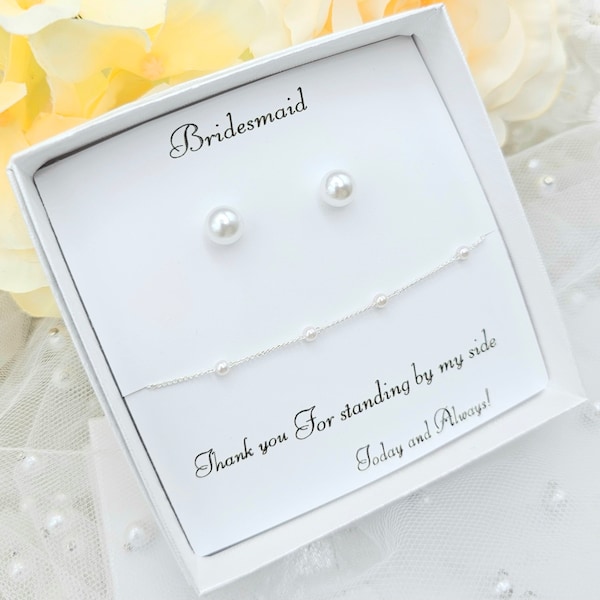 925 Ear post 8MM, 6MM Pearl Stud Earring W 2mm, 3mm Pearl Bracelet Set. Bridesmaid Pearl Earring Bracelet Set. Minimalist Bridesmaid jewelry